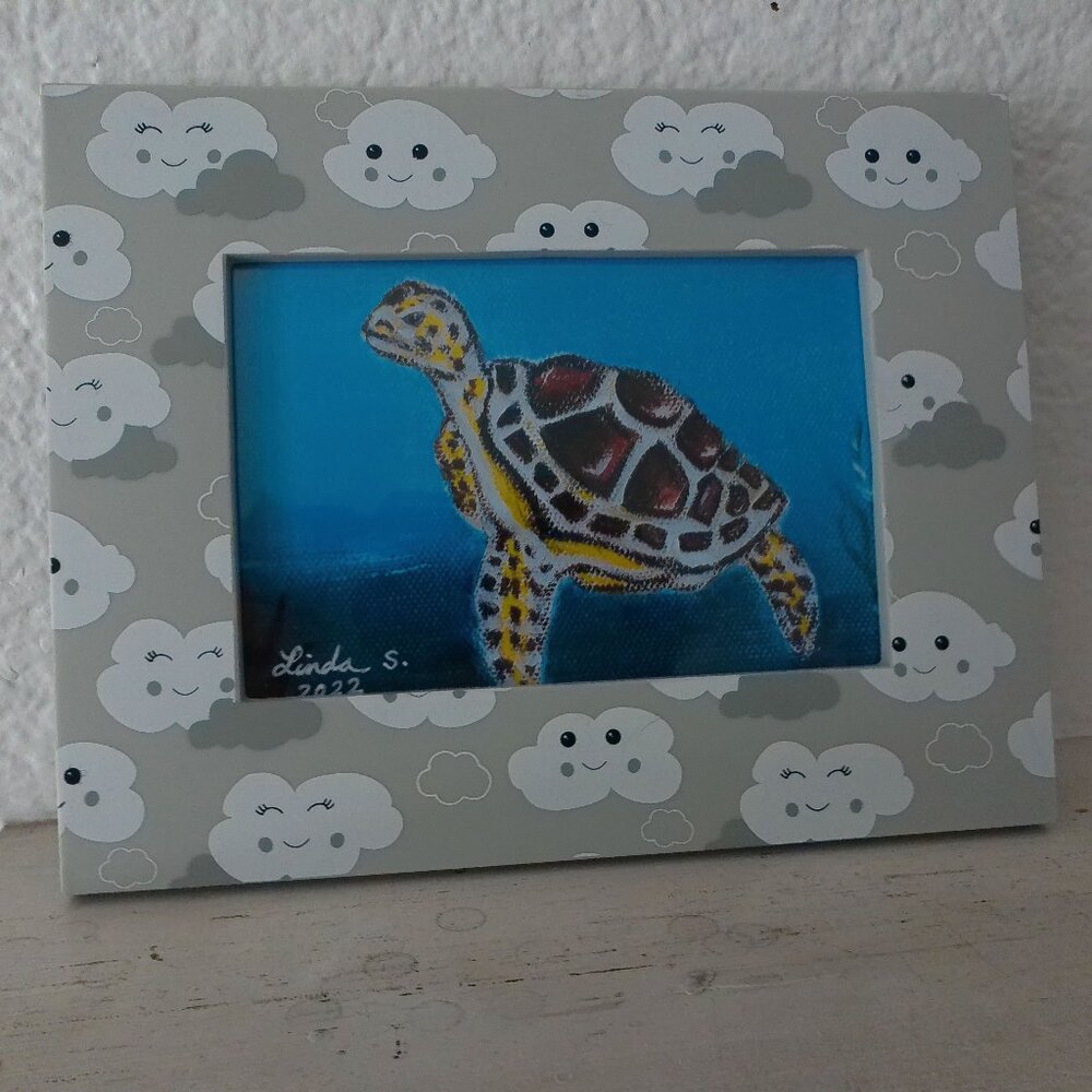 Sea Turtle 4x6 Art print within a cloud Frame, adorable, cute, ocean, beach